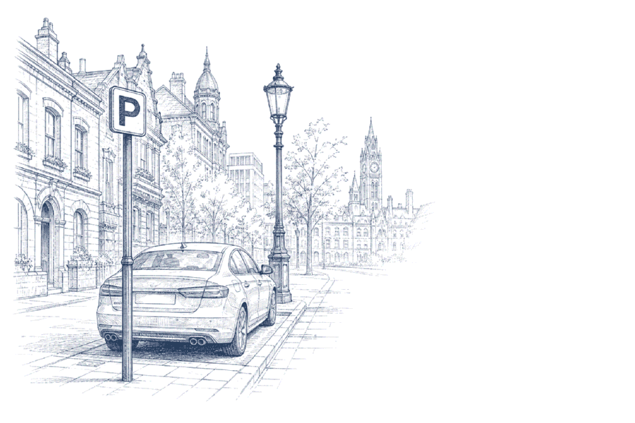 Line-art illustration of street parking