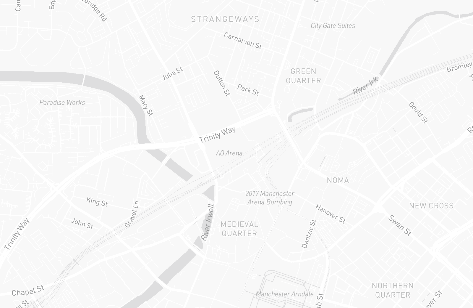 Street map of the AO Arena with 77 verified parking locations mapped by Parkwise