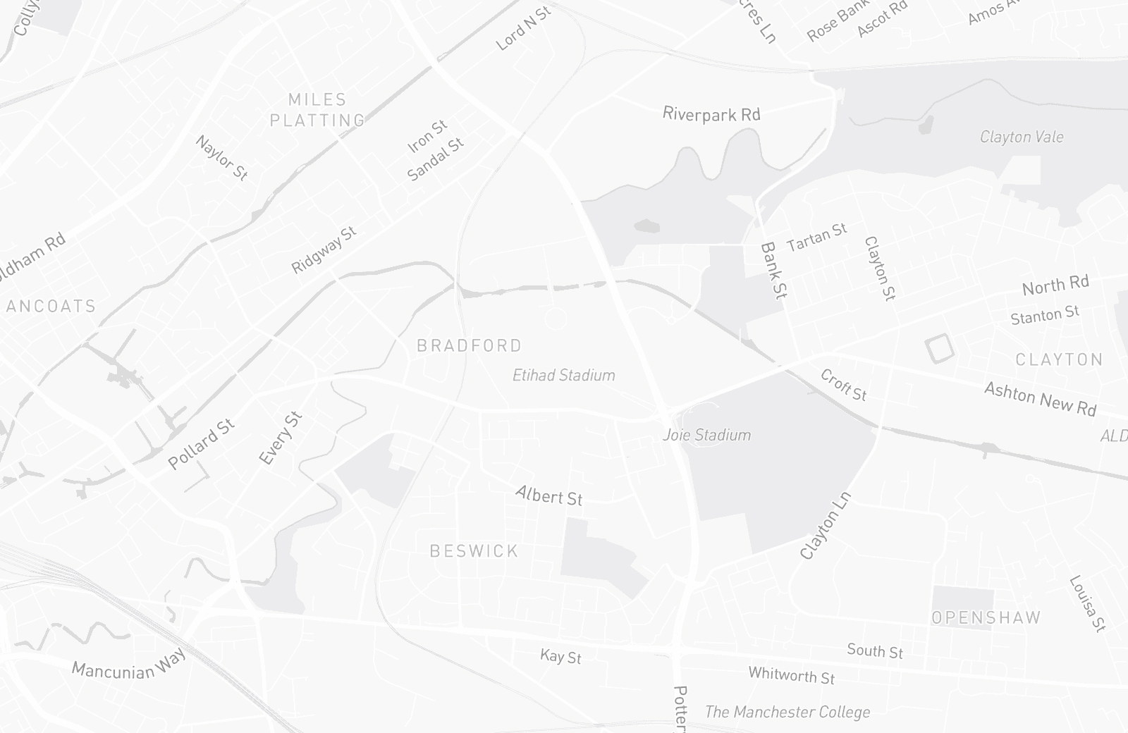 Street map of the Etihad Stadium with 170 verified parking locations mapped by Parkwise