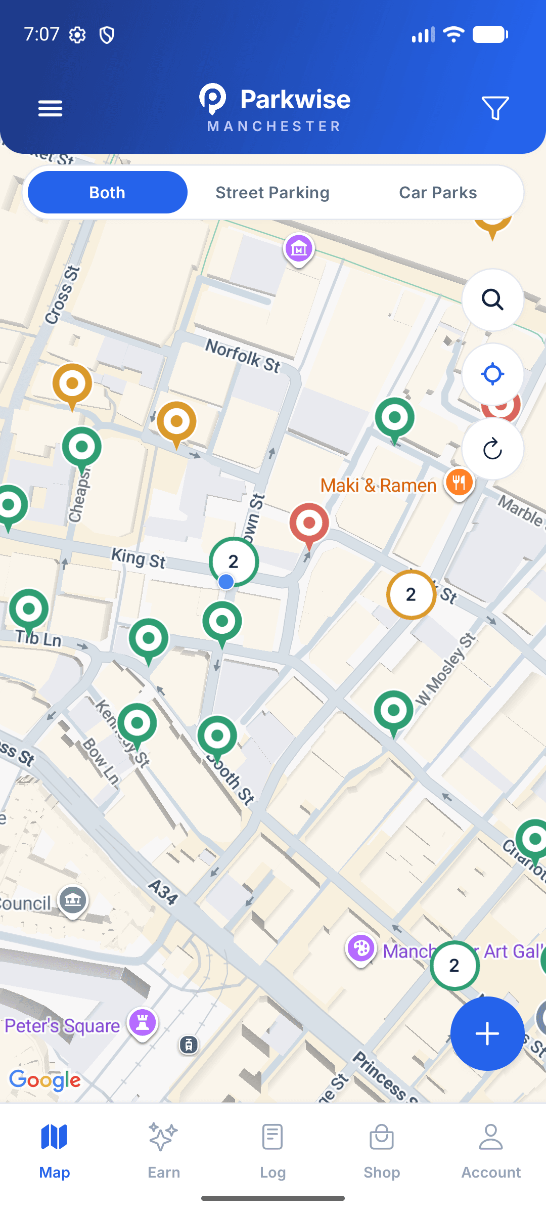 Parkwise map showing live parking availability markers