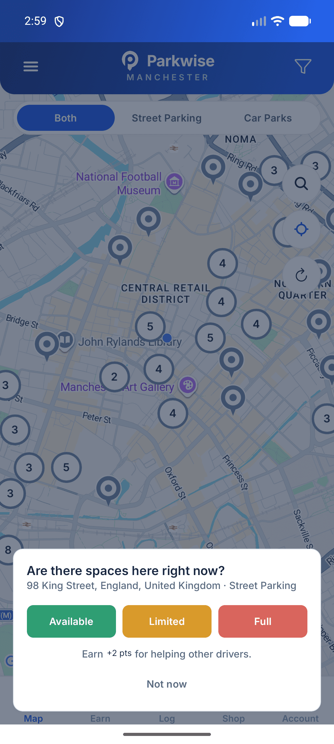 Parkwise asking a driver whether there are spaces right now