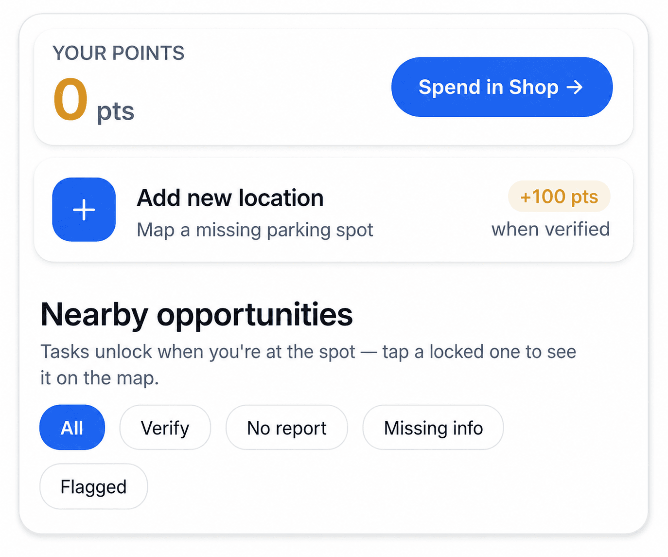 Parkwise Earn tab showing points balance and nearby opportunities