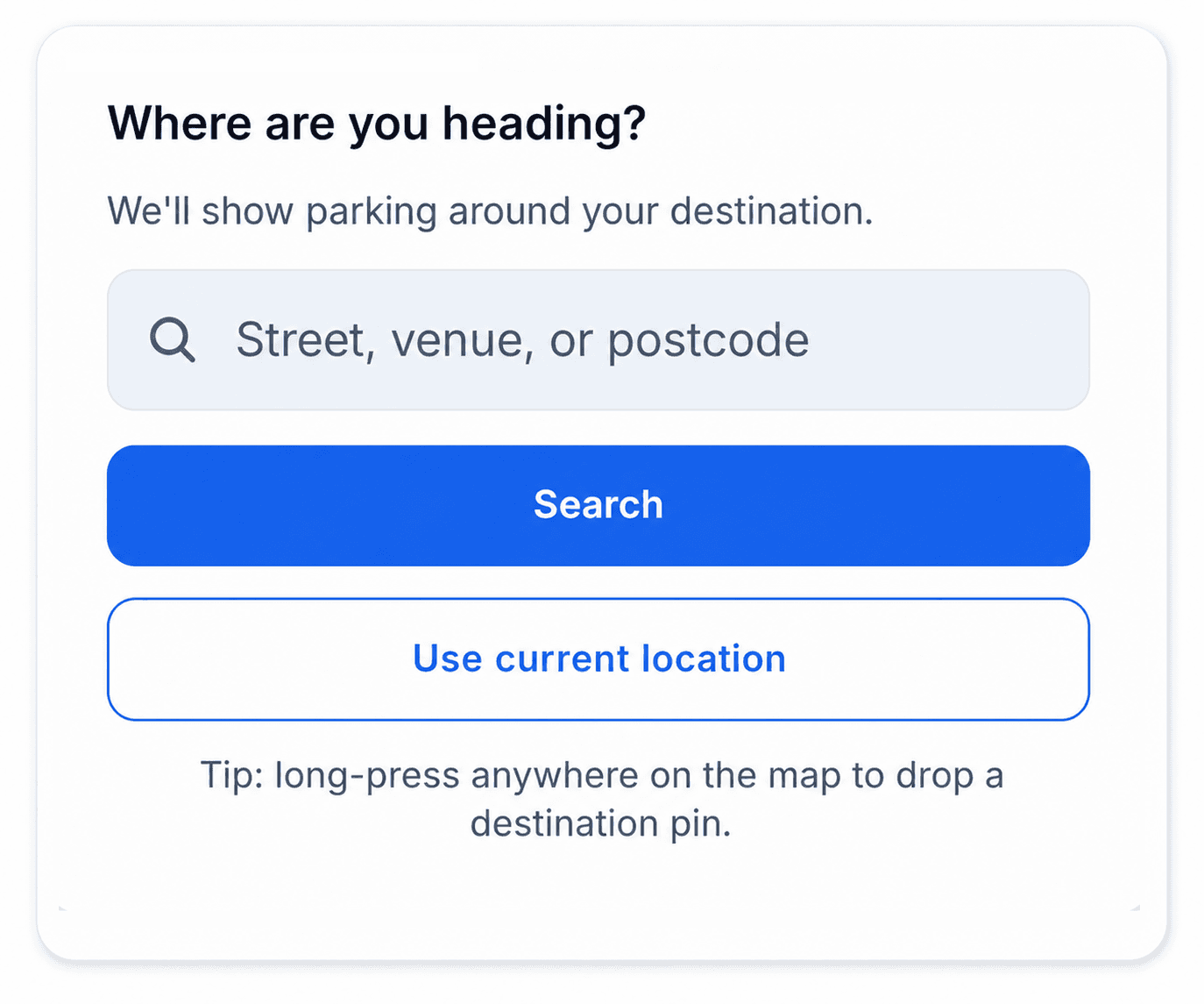 Parkwise destination search asking where you are heading