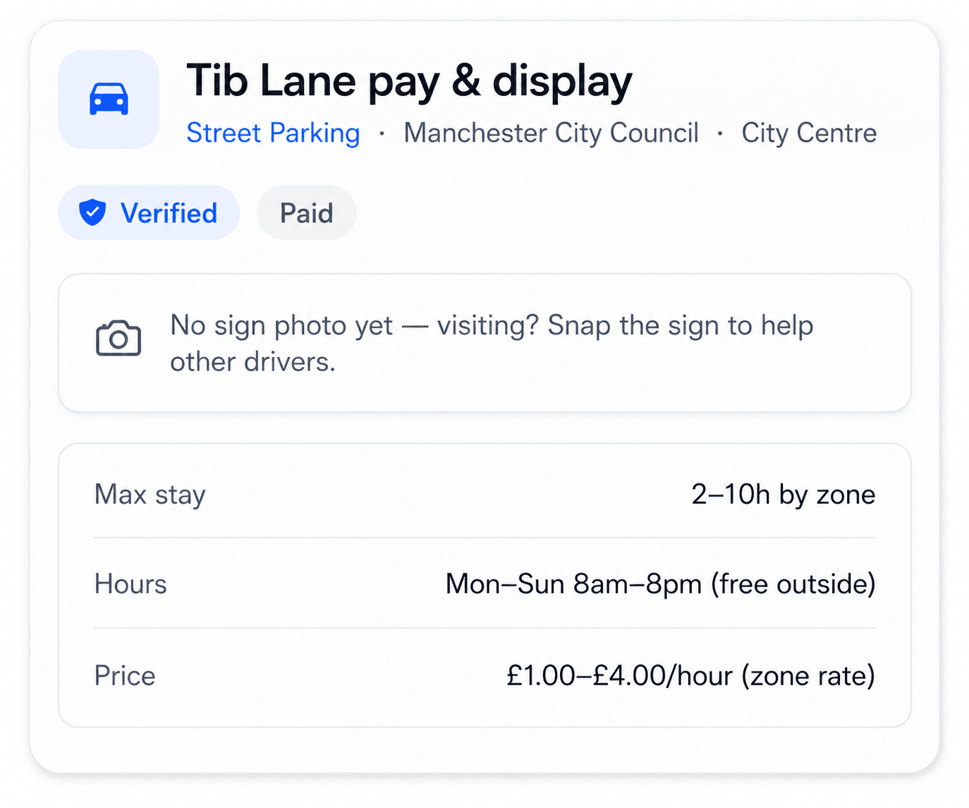 Parkwise spot detail with verified badge, price, max stay, and hours