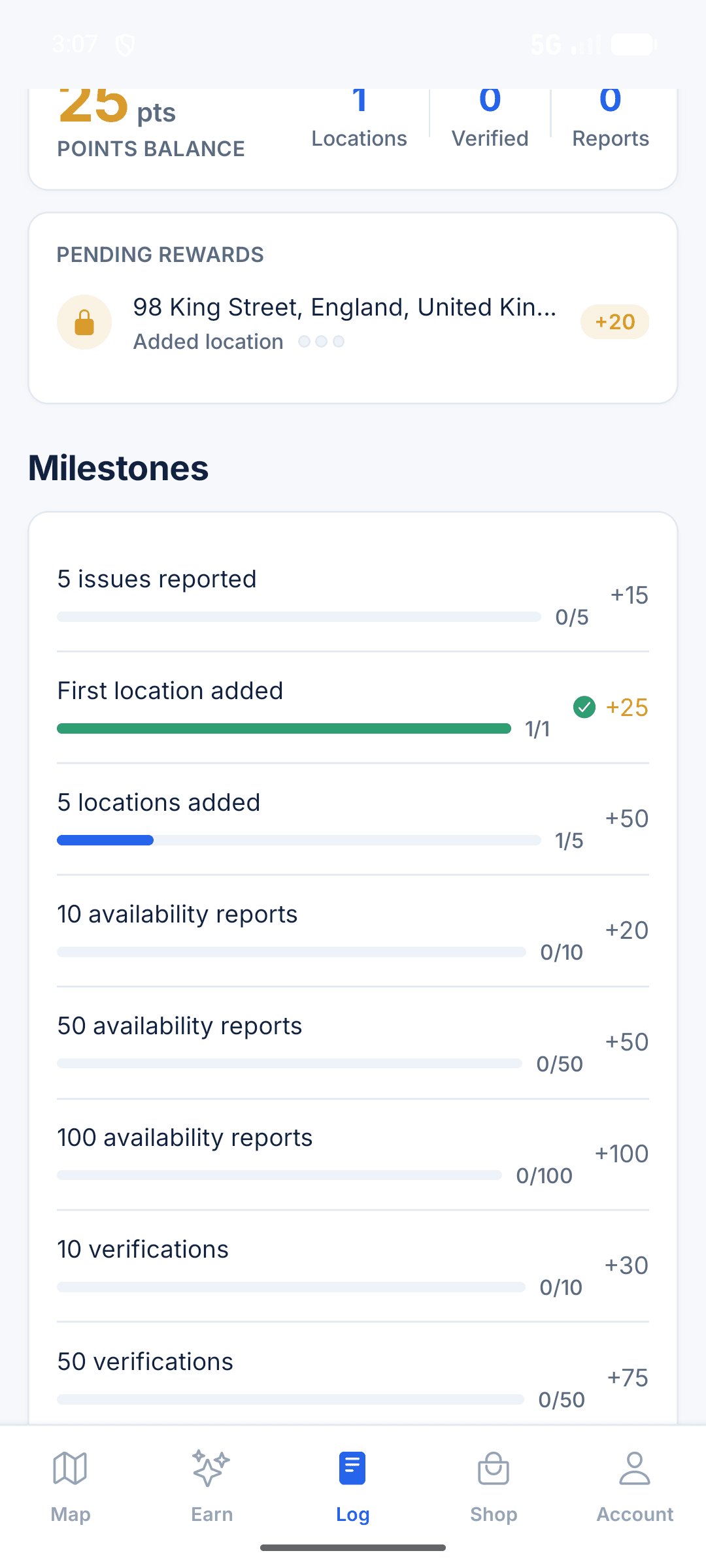 Parkwise log screen with points balance and milestones