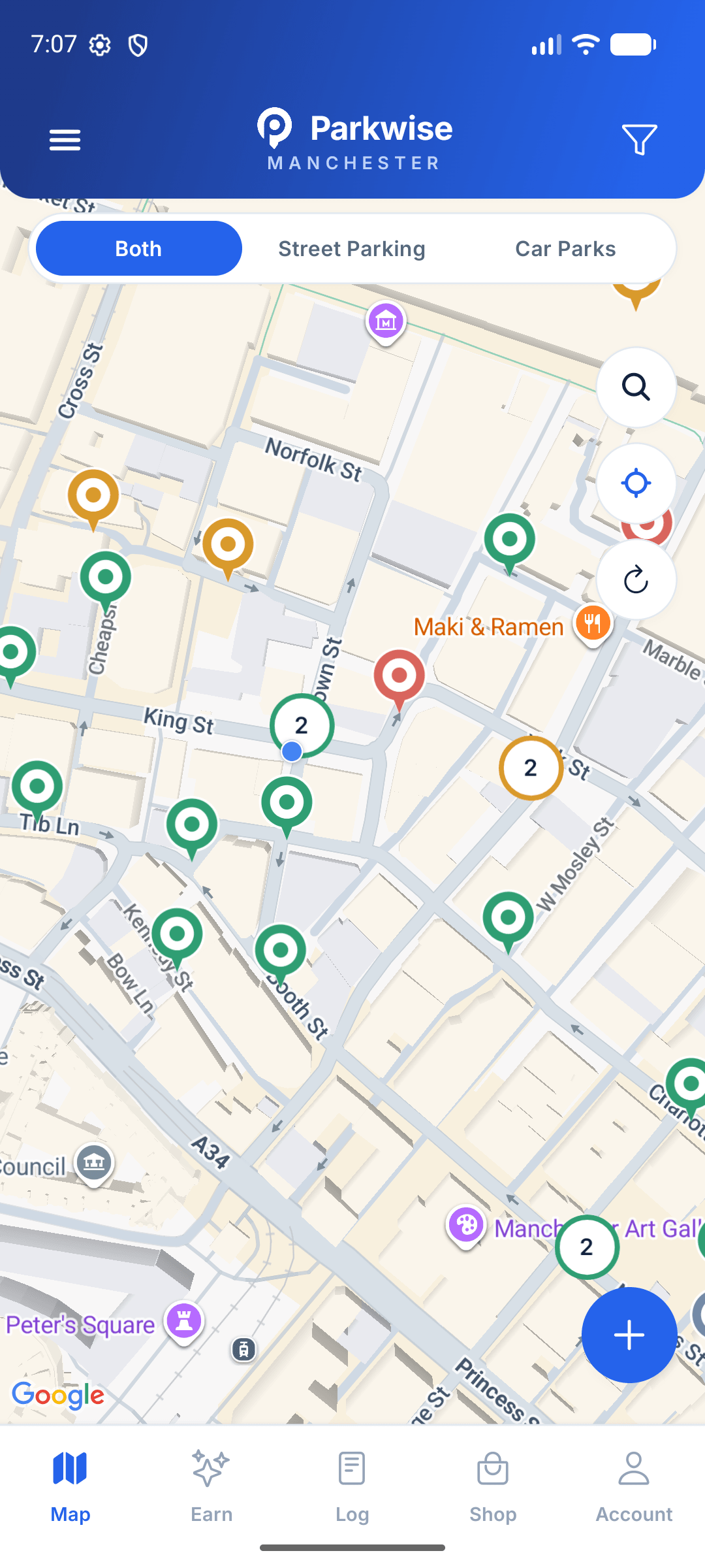 Parkwise map of central Manchester showing live parking markers and clusters